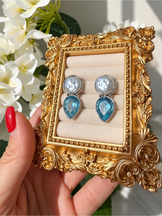 Anthropologie Jewelry - Pearl and Blue Teardrop Dangle Earrings